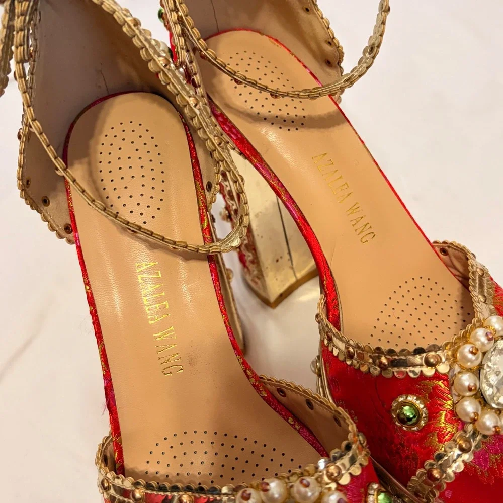 Azalea Wang Red and gold Brocade Platform Heels with Embellished Beads & Crystal